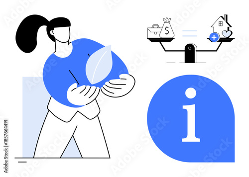 Sustainable living. A woman holding a leaf highlights environmental values. Financial balance by scales contrasts financial decisions with sustainability. For ecology, finance, education