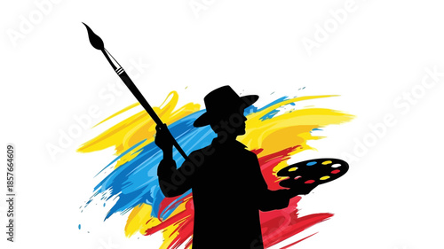 Silhouette of an artist with a hat holding a paintbrush, standing in front of a colorful paint splatter background