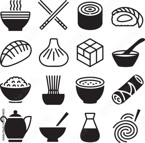 Iconic black and white illustrations of traditional asian kitchenware and utensils