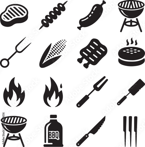 Illustrative collection of essential barbecue and grilling tools and accessories in black and white vector style