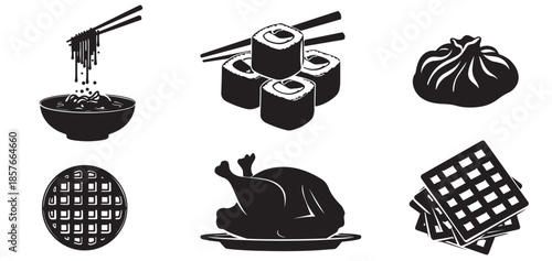 Food icons Set Featuring Sushi, Noodles, Waffles and Roasted Chicken. Minimalist Black Silhouette