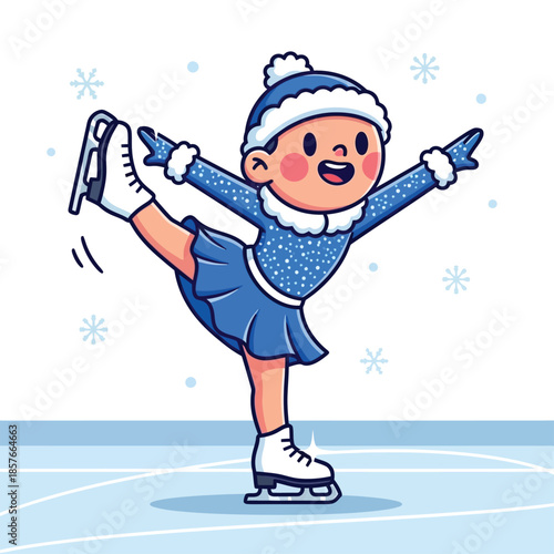 A cute girl figure skater performs a graceful spiral extension in a blue winter costume, rendered as a charming vector illustration.