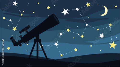 Telescope silhouette against a night sky filled with stars and constellations, science and exploration concept