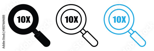 Magnifying glasses with 10X text for search and inspection,Search magnifying glass outline icon, magnifying glass icon, Magnifying glass icon, vector magnifier or loupe sign. Search icon vector.
