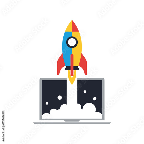 Colorful Rocket Launching from Laptop Screen.