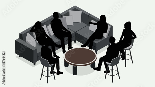 Group of people sitting in a modern living room around a coffee table.