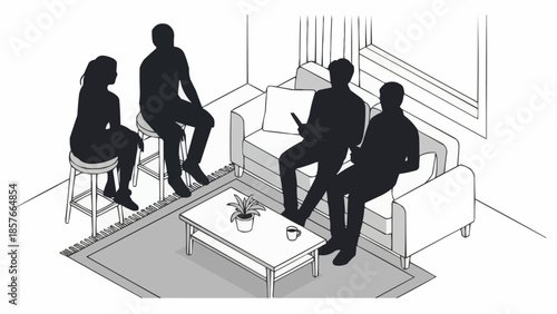 Group of people gathered in a living room for a discussion.