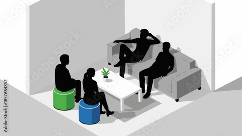 Four people gathered in a minimalist room for a meeting.