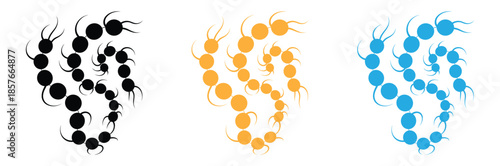 Vibrant centipede icons in black, orange, and blue colors,Centipede icon. Realistic centipede vector.Set of black silhouette centipede in flat icon style. isolated on white background.