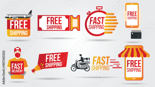 Collection of free shipping and fast delivery icons and labels