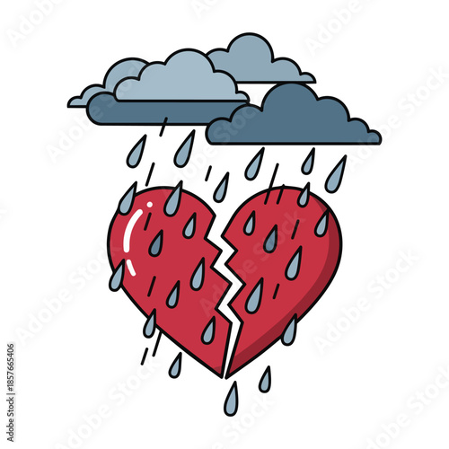 Broken heart vector. Red heart with crack. Heartbreak symbol. Rain and clouds. Vector illustration of sadness. Emotional icon. White background. Heart split in two. Painful love. Relationship