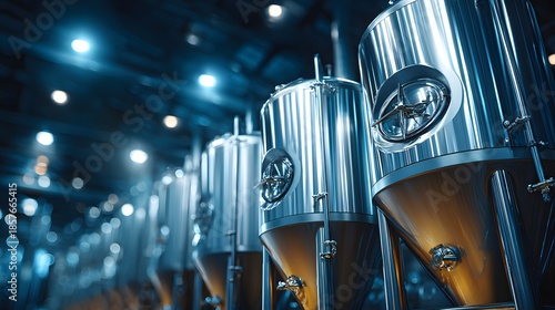 Shiny stainless steel fermentation tanks in a modern brewery or dairy factory with industrial pipes and valves in a clean and sterile setting.
