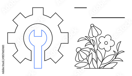 Sustainability, innovation, eco-tech, environment, industry balance, repair symbols. Gear and wrench by flowers. Sustainability and innovation concept linking tech and nature