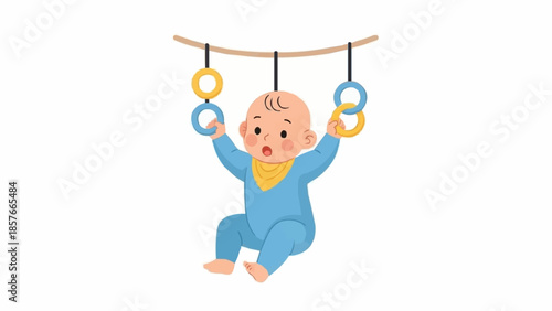 Baby playing with hanging toys, joyful and curious.