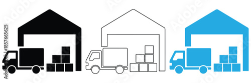 Warehouse loading docks with delivery trucks in different colors,Warehouse icon sheet multiple style collection,Delivery Truck icon set. Express delivery trucks icons. Fast shipping truck.