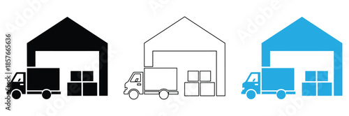 Warehouse loading docks with delivery trucks in different colors,Warehouse icon sheet multiple style collection,Delivery Truck icon set. Express delivery trucks icons. Fast shipping truck.