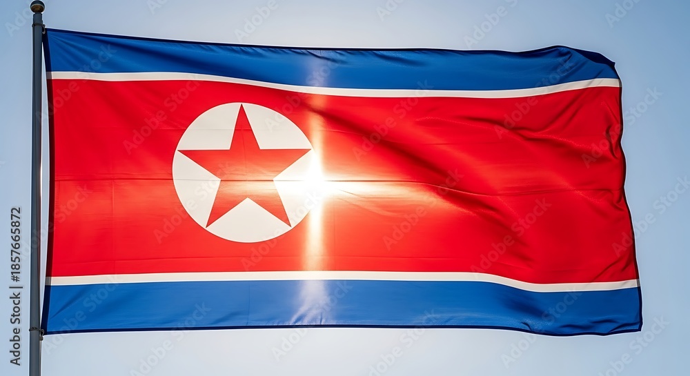 Fototapeta premium North korean flag waving proudly against a bright sunlit blue sky