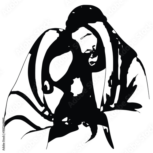 Distressed figure in stark black and white graphic style conveys intense sadness or anguish dramatically