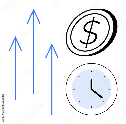 Business growth, financial success, time management, profit increase, economic progress, productivity. Rising arrows, dollar symbol and clock image. Business growth and financial success