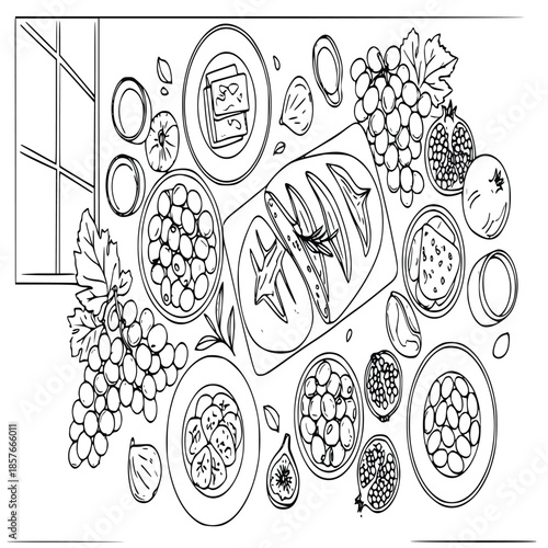 Elegant black and white sketch featuring an abundant Mediterranean appetizer spread with fresh bread and seasonal fruits.