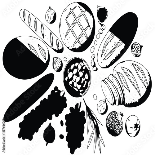 Hand drawn black and white illustration featuring artisanal breads, fresh fruits, nuts, and dips for an elegant display.