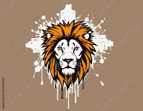 cross with lion in graffiti stencil with simple paint dripping
