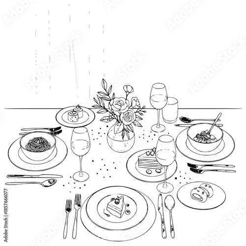 Elegant black and white line art illustration detailing a formal dinner table setting with desserts and wine glasses.