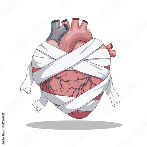 Broken heart vector. Heart with bandages. Wrapped heart illustration. Emotional symbol. Heartfelt concept. Vector design on white background. Medical symbol. Heart health. Love concept. Bandaged