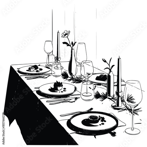 Elegant black and white line art illustration depicting a formal dining table set for a sophisticated celebratory meal.