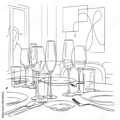 Elegant black and white line art drawing depicting a formally set dining table with multiple wine and water glasses