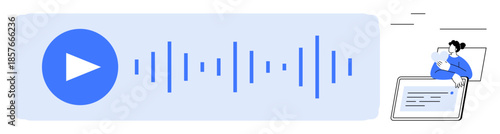Audio playback concept. Audio interface play button, sound wave chart, and person using a laptop for digital engagement. Audio applications, podcasts, multimedia, technology, UX design