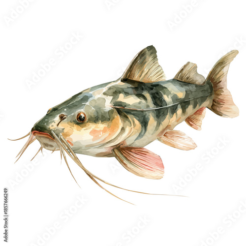 Catfish With Barbels, watercolor drawing vector, isolated on a white background.