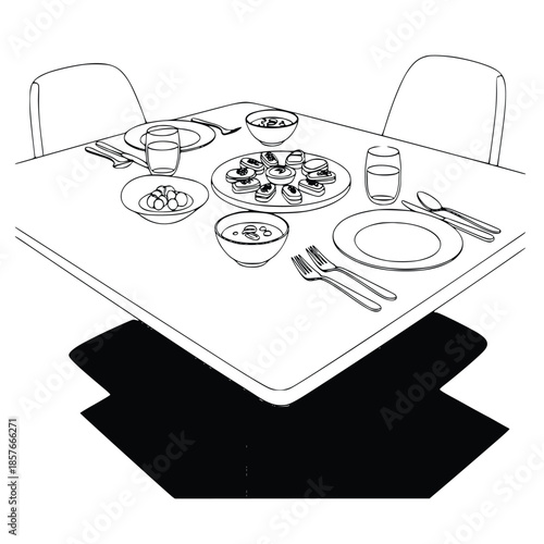 Elegant line art illustration depicting a formally set dining table ready for a sophisticated meal service