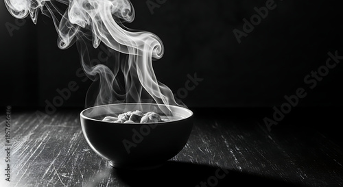 Steaming Bowl of Food in Dramatic Lighting with Wisps of Smoke on a Dark Background
