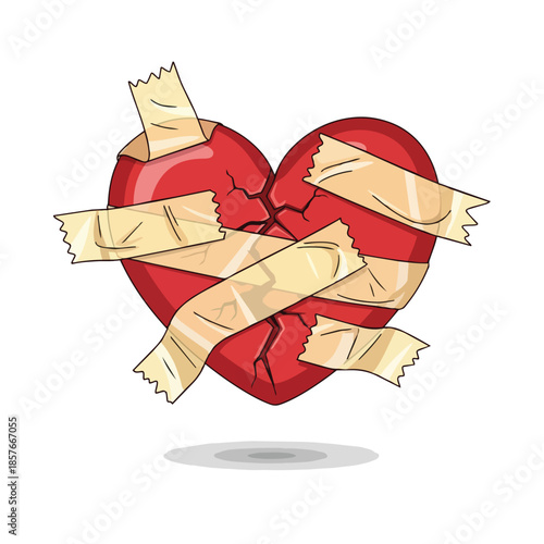 Broken heart vector. Red heart with bandages. Heartbreak symbol. Vector illustration on white background. Heart damage. Love problem. Painful emotion. Heart repair.
