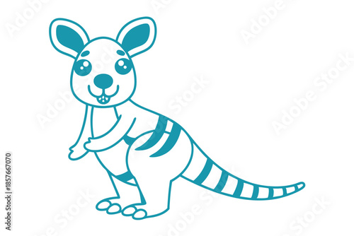 Simple teal outline depicts a standing numbat with large ears and a striped tail