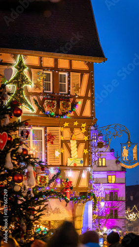 Beautiful Christmas decorations in the famous Christmas Market in Colmar in France on December 26th 2025
