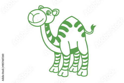 Cheerful cartoon camel looks playfully, exhibiting unique green stripes on a white canvas