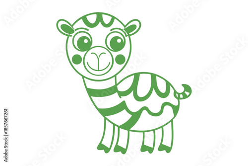Green stylized cartoon llama is standing and facing the viewer on a white background