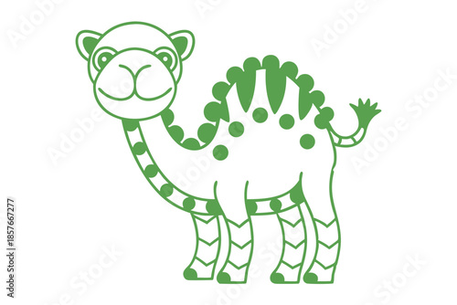 Cheerful green cartoon camel with decorative accents cheerfully stands on a white background