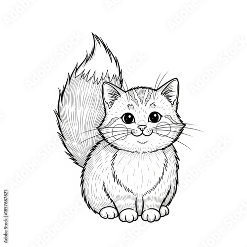 Playful Kitten in Black and White: A cute and adorable kitten, rendered in black and white, sits in a playful pose, exuding charm and innocence with its expressive eyes and fluffy tail. 