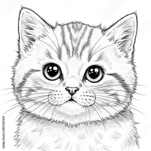 Captivating Kitty Portrait: A detailed pencil sketch presents an adorable cat with large, expressive eyes, and delicate features, embodying the charm of a beloved feline.