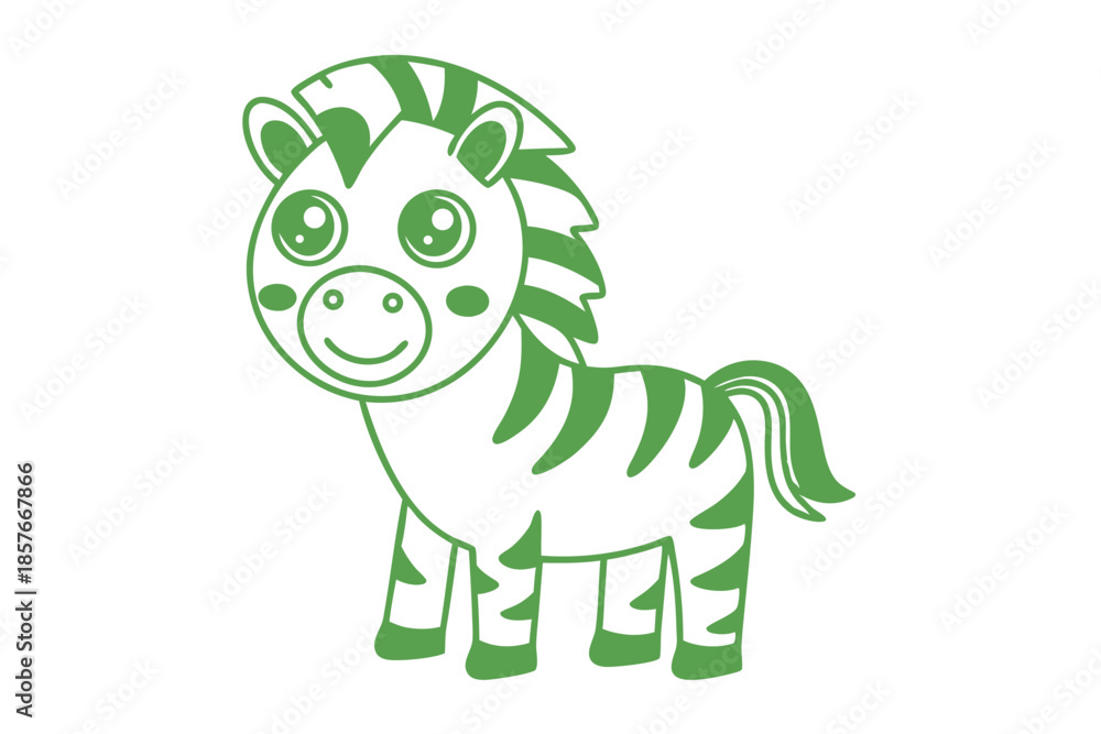 Fototapeta premium Green outline shows a smiling zebra with big eyes and striped body