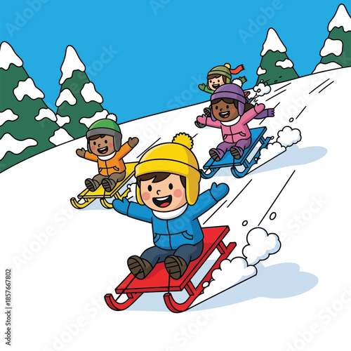Cute illustration vector of joyful multicultural children happily sledding down a snowy hill.