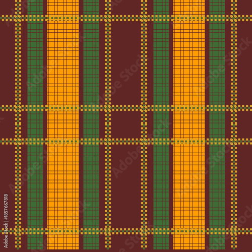 Elegant forest green tartan plaid with bold white bands and accented with fine mustard yellow and light blue stripes, ideal for traditional seasonal apparel.