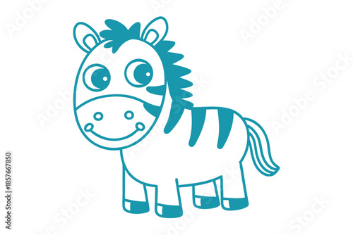 Stylized blue zebra outlined illustration smiles with a mane and stripes on a white background