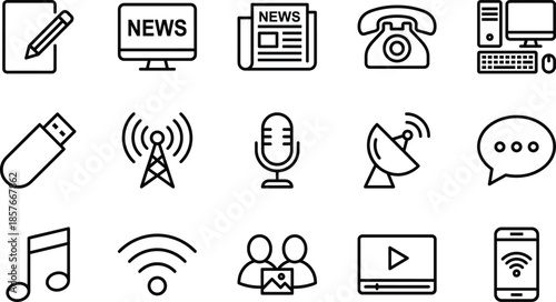 Set of fifteen linear communication icons featuring news television newspaper telephone computer flash drive signal microphone satellite chat music and wifi