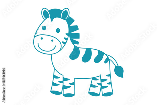 Cheerful teal zebra outline stands calmly with a happy smile on a white background