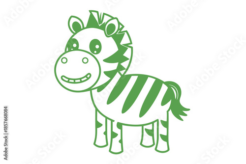 A cute green zebra character stands smiling with its playful stripes and mane