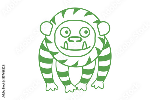 Green striped cartoon monkey with small tusks and round eyes stands cheerfully against white
